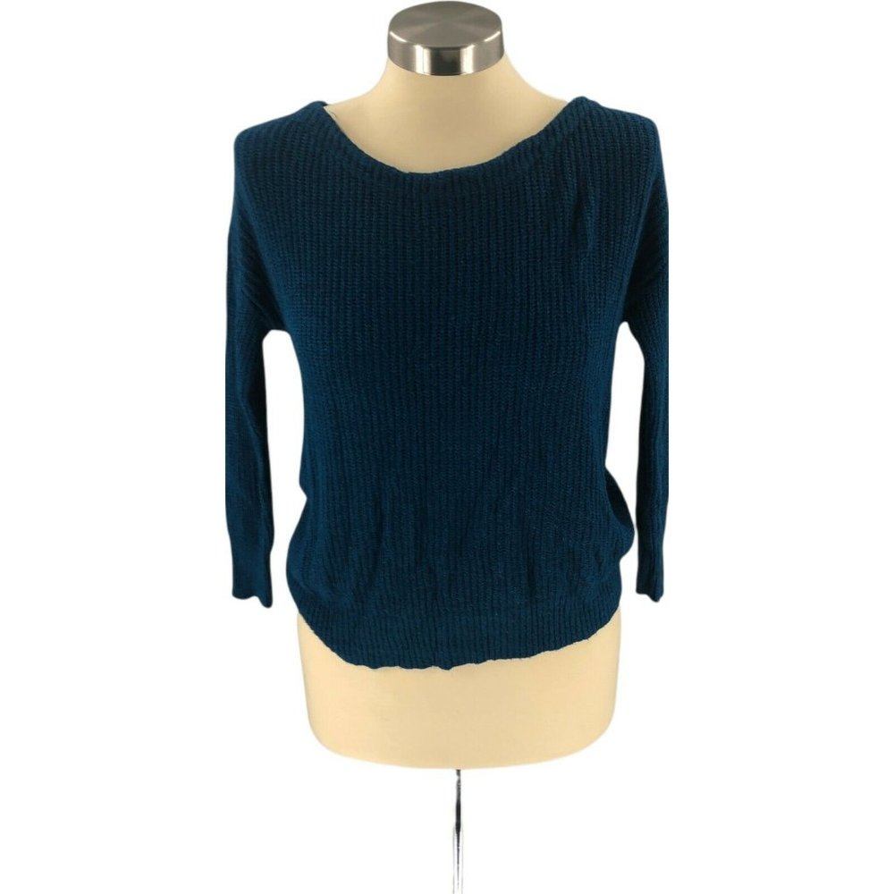 Express Womens Sweater Extra Small Blue Pullover Back Crossover Chunky Knit Crop